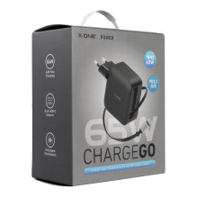 Kelioninis įkroviklis X-ONE „ChargeGo GaN“ 65W su ištraukiamu cable ir USB C port - juodas