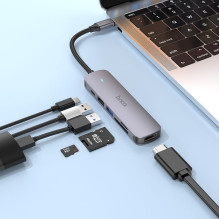 Adapter HUB 6in1 (HDTV+USB 3.0+USB 2.0+SD+TF+PD) USB-C Hoco HB28 black