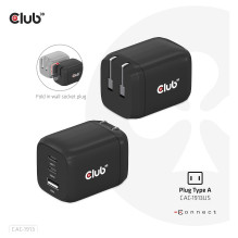 Club3D charger with 2x USB Type-C, 1x USB Type-A, PD 65W, GaN retail.