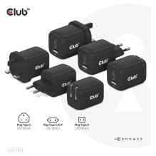 Club3D charger with 2x USB Type-C, 1x USB Type-A, PD 65W, GaN retail.