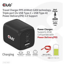 „Club3D“ įkroviklis su 2 USB C tipo, 1 USB A tipo, PD 65W, GaN mažmeninė prekyba.