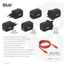 „Club3D“ įkroviklis su 2 USB C tipo, 1 USB A tipo, PD 65W, GaN mažmeninė prekyba.