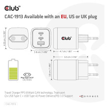 Club3D charger with 2x USB Type-C, 1x USB Type-A, PD 65W, GaN retail.