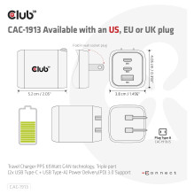 Club3D charger with 2x USB Type-C, 1x USB Type-A, PD 65W, GaN retail.