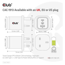 Club3D charger with 2x USB Type-C, 1x USB Type-A, PD 65W, GaN retail.