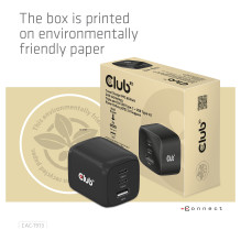 Club3D charger with 2x USB Type-C, 1x USB Type-A, PD 65W, GaN retail.