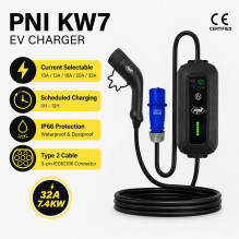 Nešiojamas vienfazis elektromobilio įkroviklis, 7,4 kW, 32 A, 2 tipo, 5 kontaktų IEC62196, IP66, krepšys