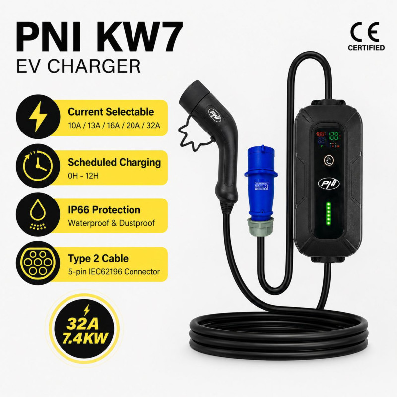 Nešiojamas vienfazis elektromobilio įkroviklis, 7,4 kW, 32 A, 2 tipo, 5 kontaktų IEC62196, IP66, krepšys
