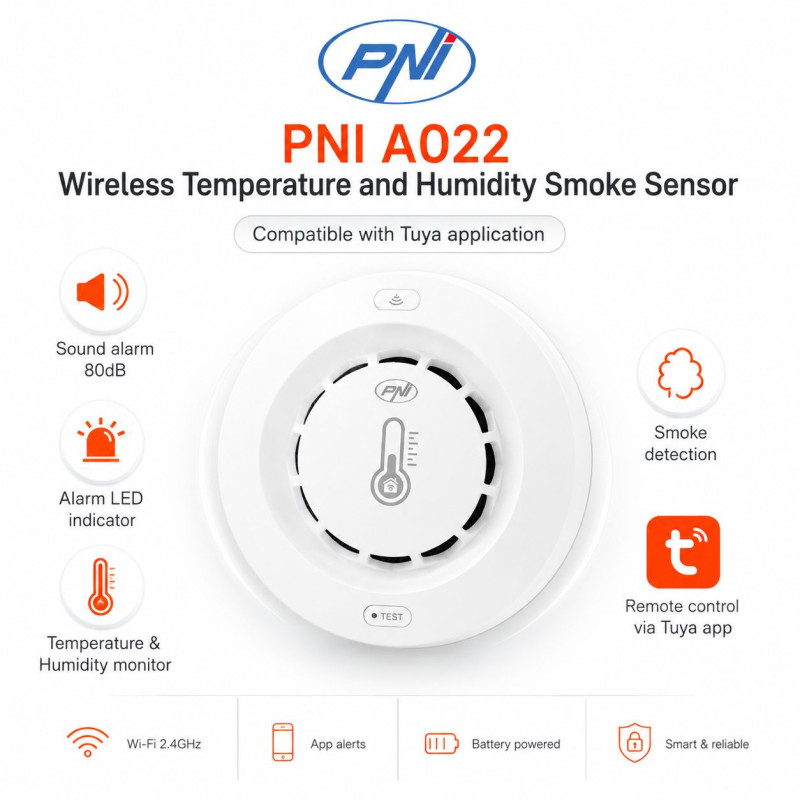 Dūmų, temperatūros ir drėgmės jutiklis A022 su „Wi-Fi“, „Tuya“ programėle, suderinamas su „Alexa“