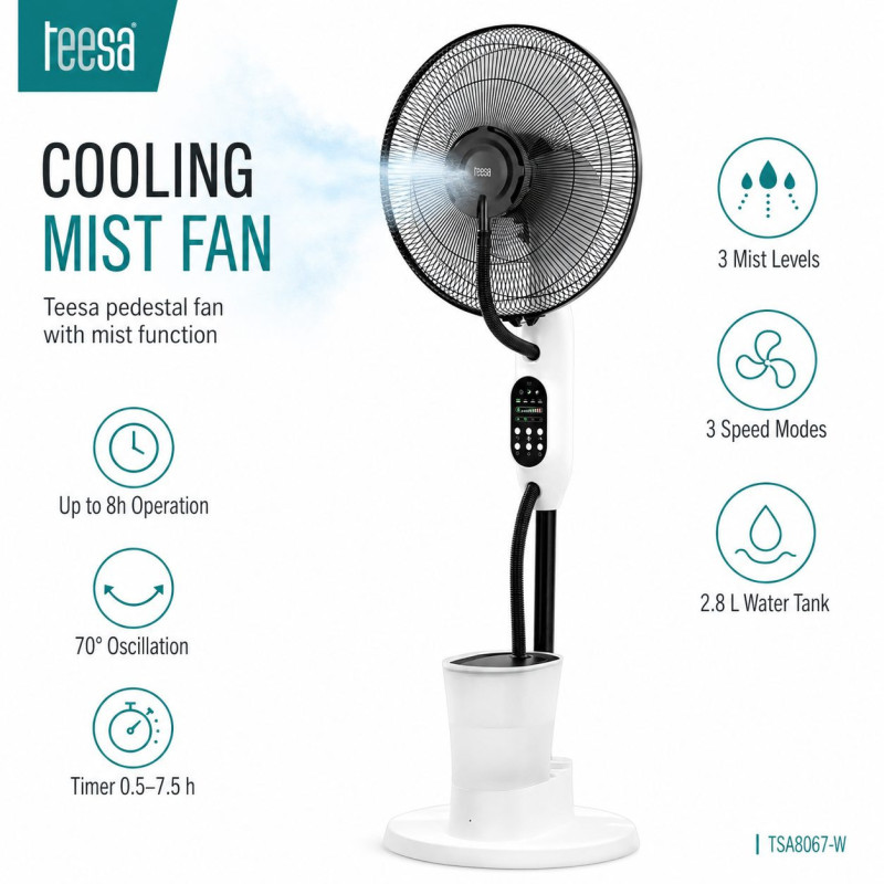 Cooling fan with mist function, 3 mist intensities, timer, 2.8 l water tank