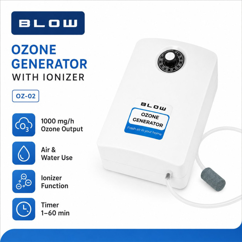 BLOW OZ-02 ozonatorius orui ir vandeniui su jonizacija, skirtas bakterijų ir kvapų šalinimui, 1000 mg/val.