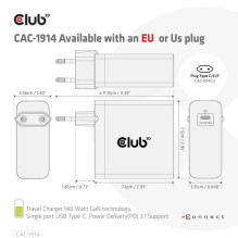 Club3D Ladegerät 1xUSB C tipo PD 140W, GaN mažmeninė prekyba