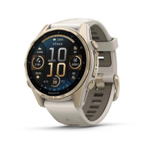 Viedpulksteni Garmin Fenix 8 - 43 mm, AMOLED Sapphire, Soft Gold with Fog grey / dark sandstone silicone band / 010-0290