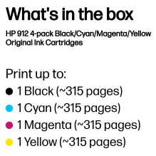 HP 912 4-Pack CMYK(4) Originali rašalo kasetė Schwarz, žalsvai mėlyna, purpurinė, gelsva 250Seiten 315Seiten HP 912 4-Pack CMYK(4) Originali rašalo kasetė Schwarz, žalsvai mėlyna, purpurinė, gelsva 250Seiten 315Seiten