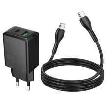 Įkroviklis Hoco N71 30W GaN USB-C / USB-A + USB-C to USB-C cable 1.0m juodas Įkroviklis Hoco N71 30W GaN USB-C / USB-A + USB-C to USB-C cable 1.0m juodas