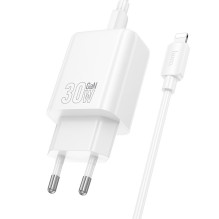 Įkroviklis Hoco N63 30W GaN USB-C / USB-A + USB-C į Lightning kabelis 1.0m baltas
