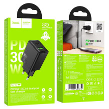 Įkroviklis Hoco N71 30W GaN USB-C / USB-A juodas Įkroviklis Hoco N71 30W GaN USB-C / USB-A juodas