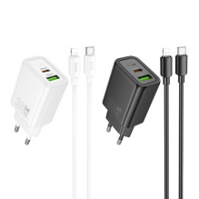 Įkroviklis Hoco N63 30W GaN USB-C / USB-A + USB-C į Lightning kabelis 1.0m baltas