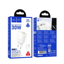 Įkroviklis Hoco N63 30W GaN USB-C / USB-A + USB-C į Lightning kabelis 1.0m baltas