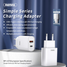 Įkroviklis Remax RP-U37 20W USB-C / USB-A baltas Įkroviklis Remax RP-U37 20W USB-C / USB-A baltas