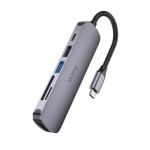 Adapteris Hoco HB28 Type-C daugiafunkcis keitiklis HDMI+USB3.0+USB2.0+SD+TF+PD pilkas