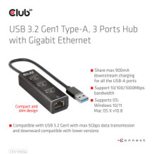 Club3D Adapter USB 3.2 Typ A 3x USB 3.2 Typ A / LAN retail