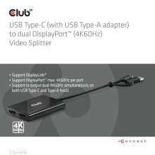 Club3D Adapter USB-C (USB A Adapter) 2x DP 4K@60Hz St / Bu retail Club3D Adapter USB-C (USB A Adapter) 2x DP 4K@60Hz St / Bu retail