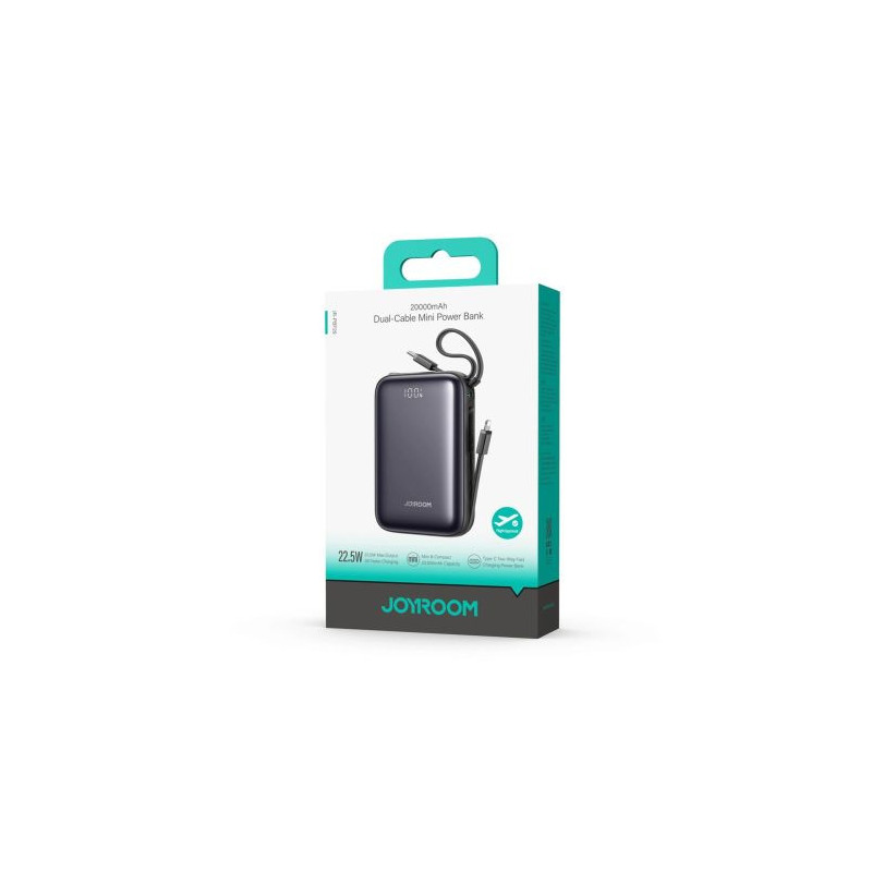Joyroom Power Bank with Digital Display Type-C, PD 22.5W, 20000 mAh with built-in Double Type-C Cable, Black (JR-PBF29)