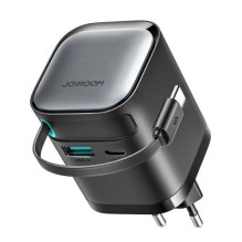 Joyroom Travel Charger GaN Fast Charger C+U, 65W, PD 3.0, QC 3.0, with Built-in Retractable Type-C cable (0.7m), Black (