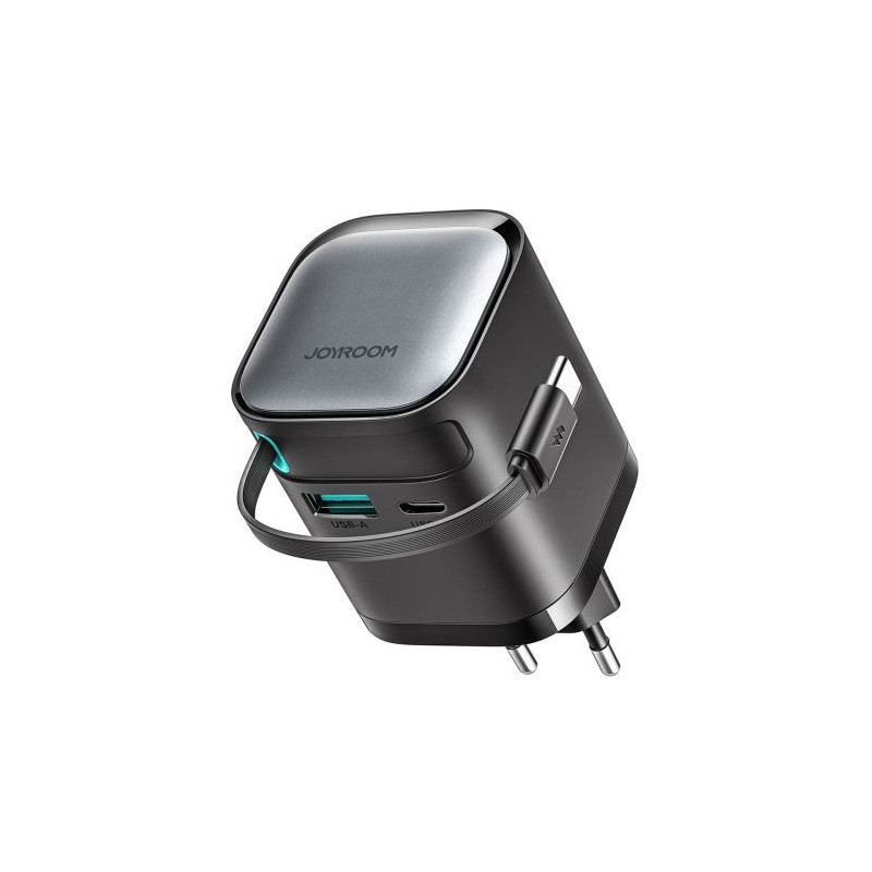 Joyroom Travel Charger GaN Fast Charger C+U, 65W, PD 3.0, QC 3.0, with Built-in Retractable Type-C cable (0.7m), Black (