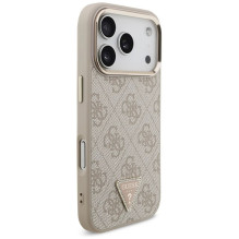 Dėklas Guess PU Leather 4G Strass Triangle Logo Gold Frame MagSafe Apple iPhone 17 Pro rožinis