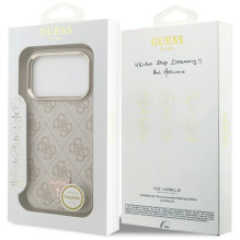 Dėklas Guess PU Leather 4G Strass Triangle Logo Gold Frame MagSafe Apple iPhone 17 Pro rožinis