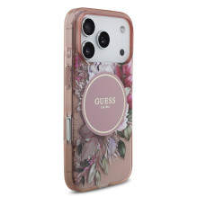 Dėklas Guess IML Flowers Strap MagSafe Apple iPhone 17 Pro rožinis