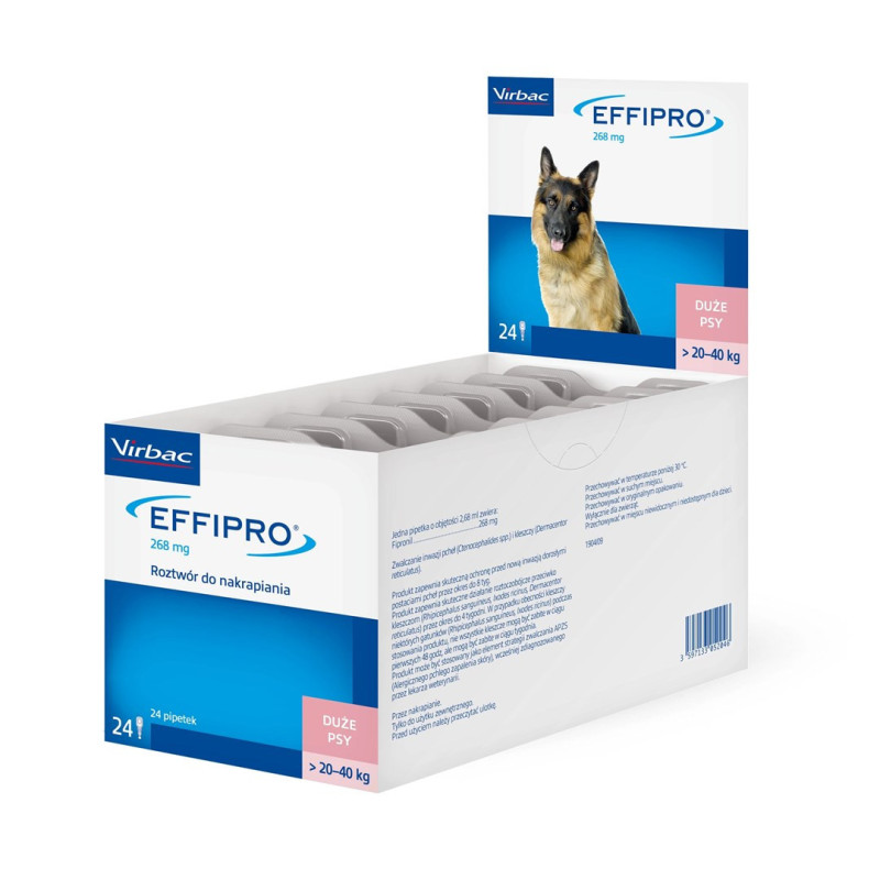 VIRBAC Effipro L (20-40 kg) - lašai nuo blusų ir erkių šunims - 24 vnt.