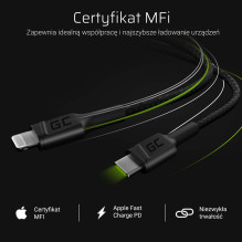 USB Kabelis - Green Cell KABGC07 1m USB C į Lightning Juodas