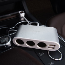 HOCO car charger splitter 3in1 with digital display + 2 x USB A 2,1A Z13 silver