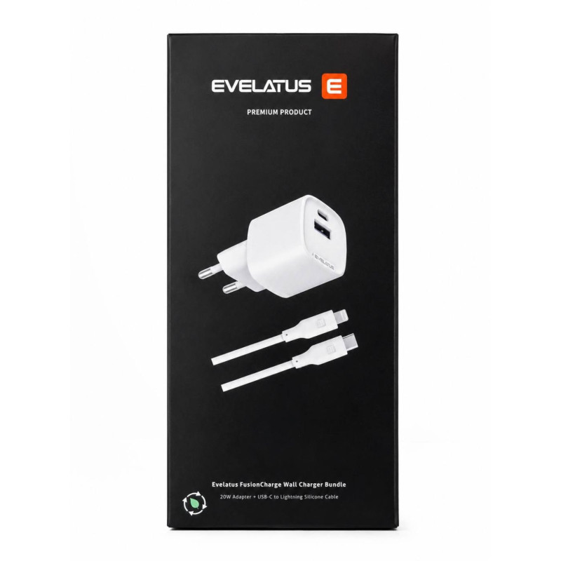 „Evelatus FusionChage“ sieninio įkroviklio rinkinys, 20 W maitinimo adapteris – 60 W USB-C–Lightning silikoninis laidas,