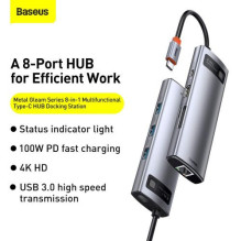 Baseus HUB Metal Gleam Series 8-in-1 Multifunctional (Type-C to PD / 4K HD / USB3.0) Docking Station Gray (CAHUB-CV0G)