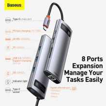 Baseus HUB Metal Gleam Series 8-in-1 Multifunctional (Type-C to PD / 4K HD / USB3.0) Docking Station Gray (CAHUB-CV0G)