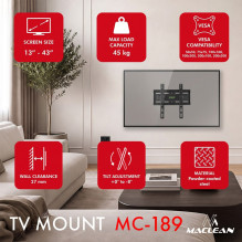 Maclean TV Mount / Bracket, max VESA 200x200, 13-43", up to 45 kg, black, tilt adjustment +2°--10°, MC-189 Maclean TV Mount / Bracket, max VESA 200x200, 13-43", up to 45 kg, black, tilt adjustment +2°--10°, MC-189