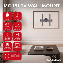 Maclean TV Mount / Bracket, max VESA 400x400, 32-55", up to 30 kg, black, tilt adjustment +2°--10° and swivel adjus Maclean TV Mount / Bracket, max VESA 400x400, 32-55", up to 30 kg, black, tilt adjustment +2°--10° and swivel adjus