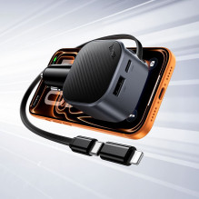 Automobilinis įkroviklis Hoco USB A + USB C PD QC3.0 45W su ištraukiamu cable USB C Z68 juodas