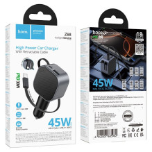 Automobilinis įkroviklis Hoco USB A + USB C PD QC3.0 45W su ištraukiamu cable USB C Z68 juodas