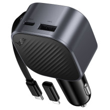 Automobilinis įkroviklis Hoco USB A + USB C PD QC3.0 45W su ištraukiamu cable USB C Z68 juodas