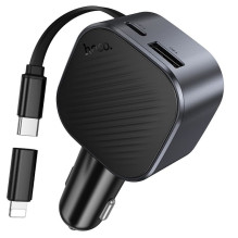 Automobilinis įkroviklis Hoco USB A + USB C PD QC3.0 45W su ištraukiamu cable USB C Z68 juodas