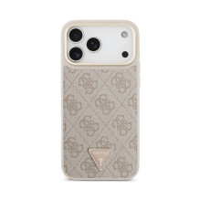 Dėklas Guess PU Leather 4G Strass Triangle Logo Gold Frame MagSafe Apple iPhone 18 Pro Max rožinis
