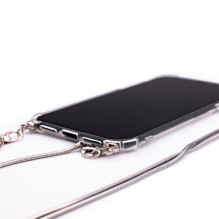 Evelatus Huawei P30 Lite silikoninis skaidrus su TPU dirželiu ir vėriniu ant kaklo, sidabrinis