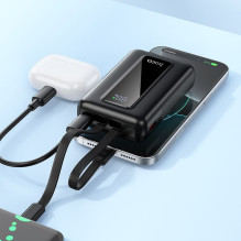 10000 mAh QC išorinė baterija PD 22,5W su integruotais laidais USB C+ „Lightning“ Hoco J162 juoda