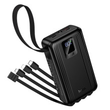 20000 mAh QC išorinė baterija PD 22,5W su integruotais USB A + USB C + „Lightning“ + Micro USB laidais ir dviem lemputėm