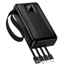 20000 mAh QC išorinė baterija PD 22,5W su integruotais USB A + USB C + „Lightning“ + Micro USB laidais ir dviem lemputėm